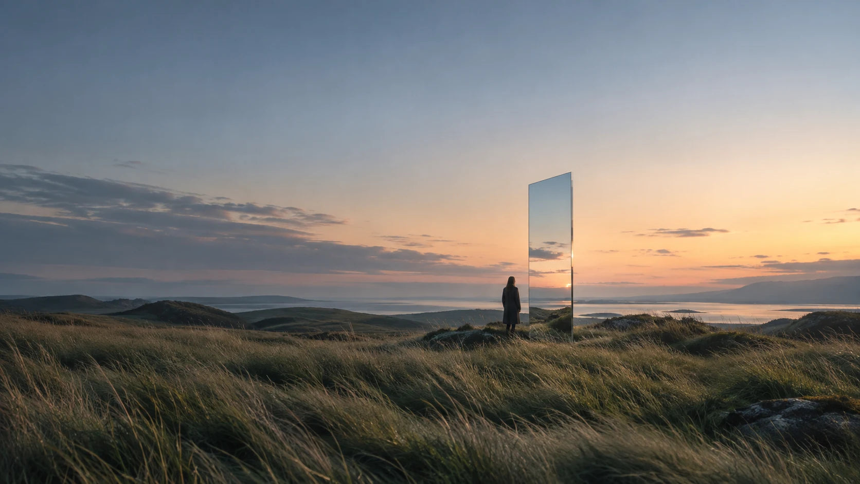 An open landscape and a mirrored doorway at dusk
